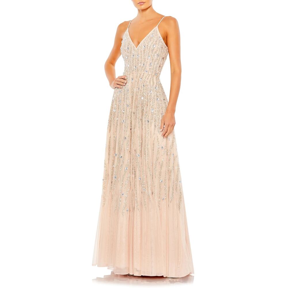 Mac Duggal 93566 Peach Sequin Tulle Sleeveless‎ V-Neck Formal Gown Size 0 NWT